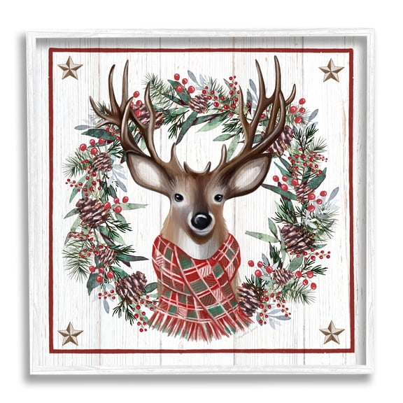 Rustic Holly Pinecone Wreath Bordered Reindeer Scarf Animals & Insects Graphic Art Framed Art Print Wall Art