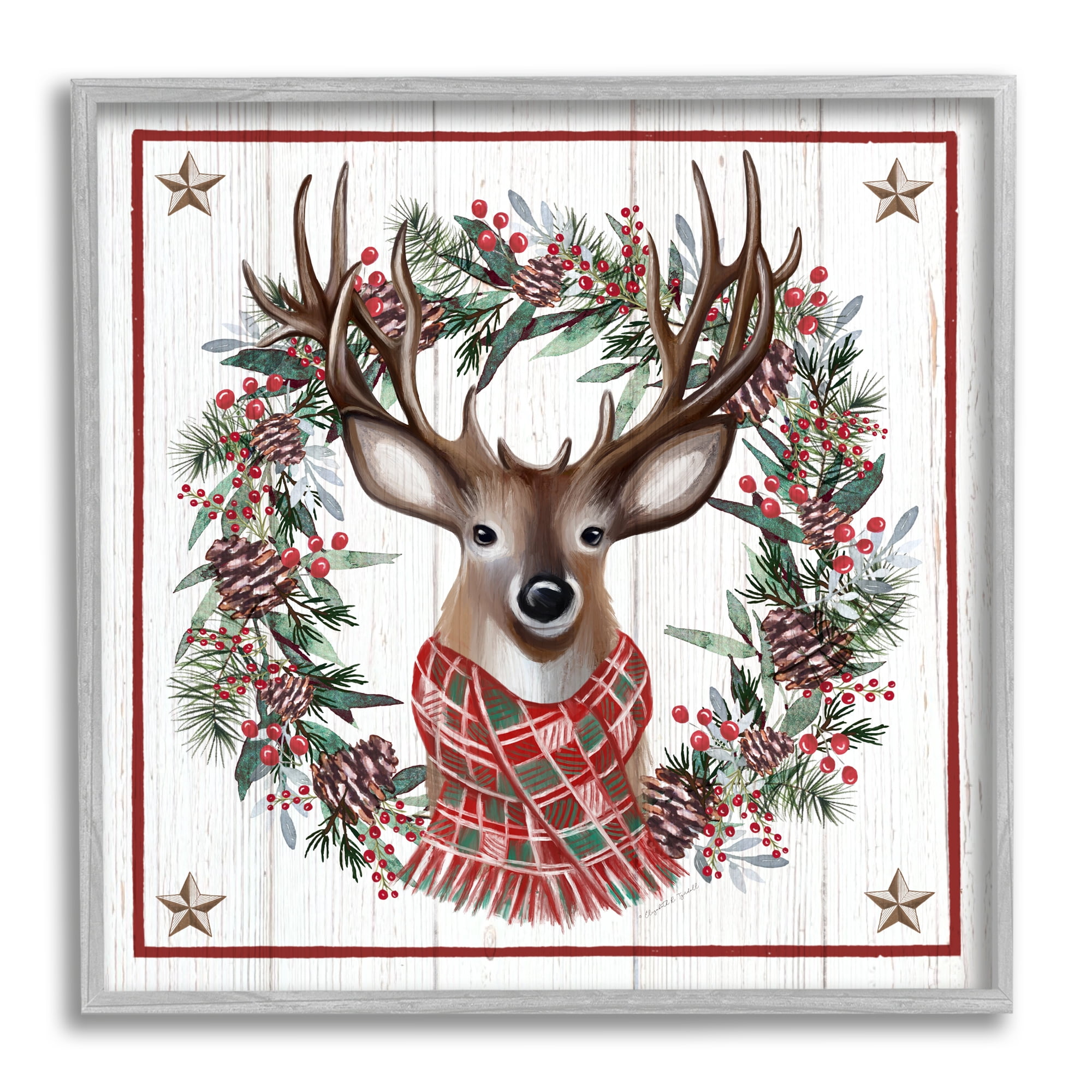 Rustic Holly Pinecone Wreath Bordered Reindeer Scarf Animals & Insects Graphic Art Framed Art Print Wall Art