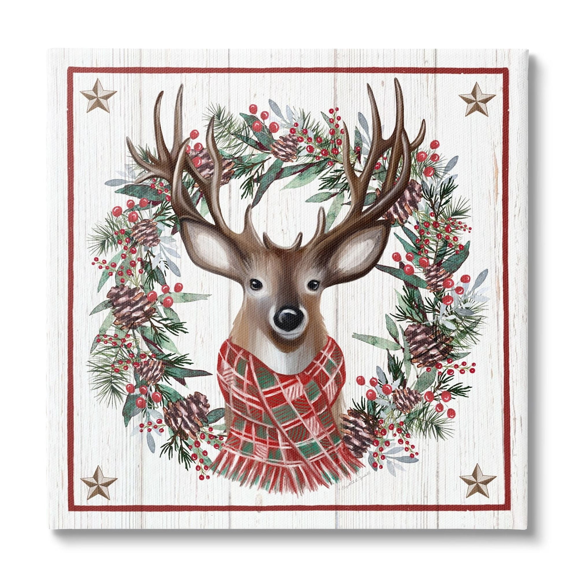 Rustic Holly Pinecone Wreath Bordered Reindeer Scarf Animals & Insects Graphic Art Gallery-Wrapped Canvas Print Wall Art