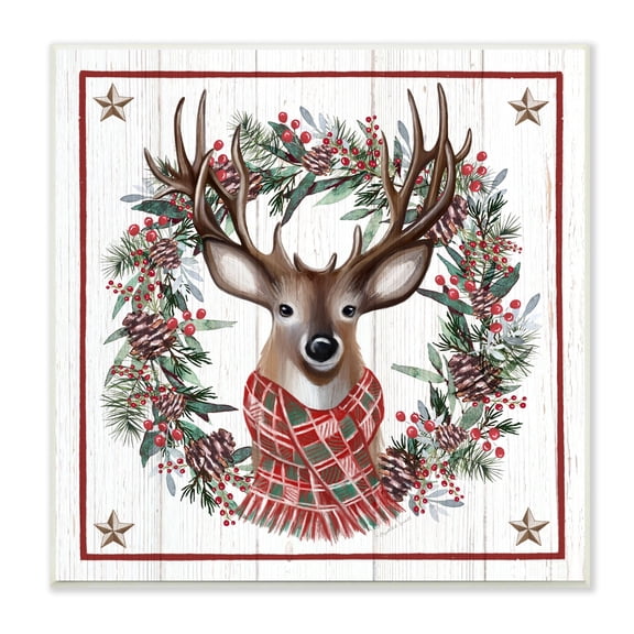Rustic Holly Pinecone Wreath Bordered Reindeer Scarf Animals & Insects Graphic Art Unframed Art Print Wall Art