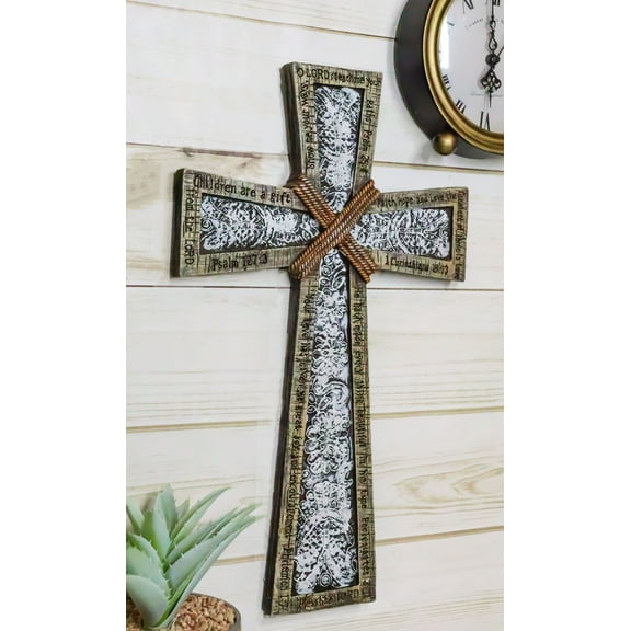 Rustic Holy Bible Scriptures Ornate White Lace Stencil Antiqued Wall Cross