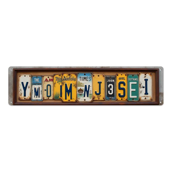 Rustic Home Accent 16*4 in License Tag Collage Framed Art"Vintage metal plates with random letters and words like Y M O I M N J S E I" indie room decor funny room decor patio signs