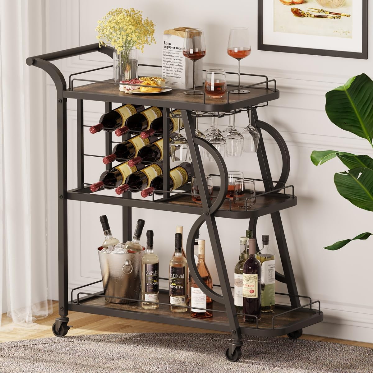 Rustic Home Bar Serving Cart, Metal Wood Liquor Bar Cart with Wheels, 3