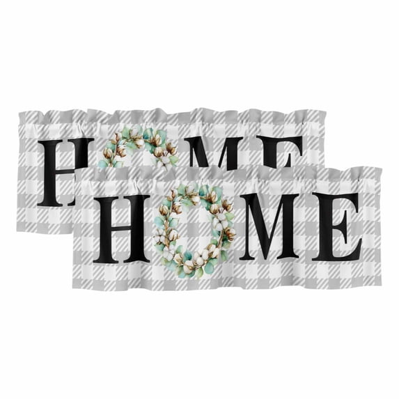 Rustic Home Curtain Valances for Windows, Kitchen Valance Window Treatments Panel 2 Pack, Eucalyptus Leaves Farmhouse Wreath Plaid Rod Pocket Short Curtains for Bathroom Bedroom 60 x 18 Inch