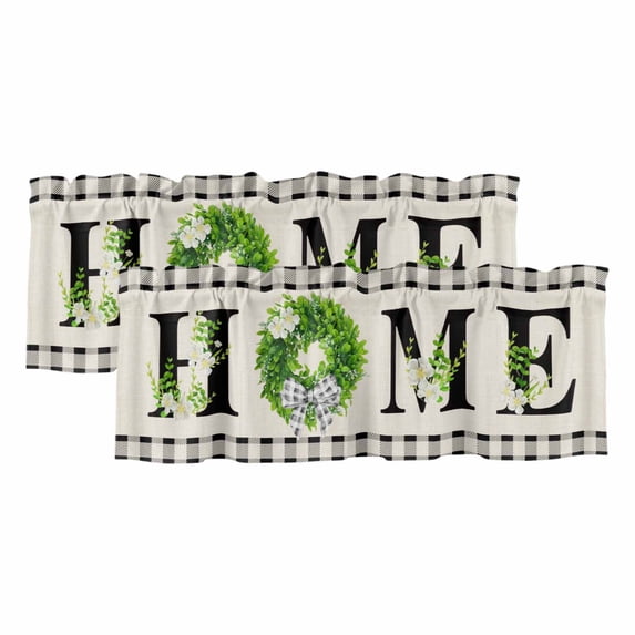 Rustic Home Curtain Valances for Windows, Kitchen Valance Window Treatments Panel 2 Pack, Eucalyptus Leaves Floral Beige Buffalo Plaid Rod Pocket Short Curtains for Bathroom Bedroom 42 x 12 Inch