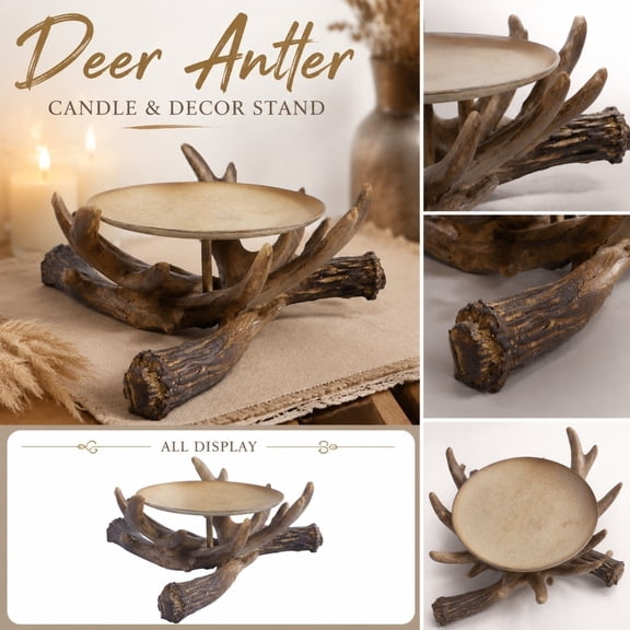 Rustic Home Decor Accent, Farmhouse Table Decor, Centerpiece Tray, Candle Holders for Table Centerpiece, Handcrafted 6X6X2.5 Inch Resin Antler Pillar Candle Stand Decorative Tray