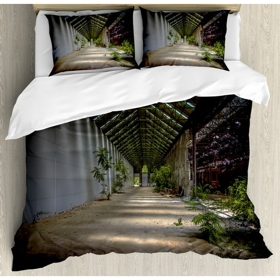 Rustic Home Decor King Size Duvet Cover Set, Industrial Interior with Light Structure Angle and Plants Metal Urban, Decorative 3 Piece Bedding Set with 2 Pillow Shams, Grey Green, by Ambesonne