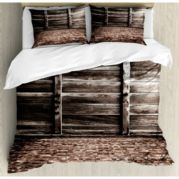 Rustic Home Decor Queen Size Duvet Cover Set, Aged Cracked Striped Oak Boarded Plank Wall Back and Dated Brick Floor Picture, Decorative 3 Piece Bedding Set with 2 Pillow Shams, Brown, by Ambesonne