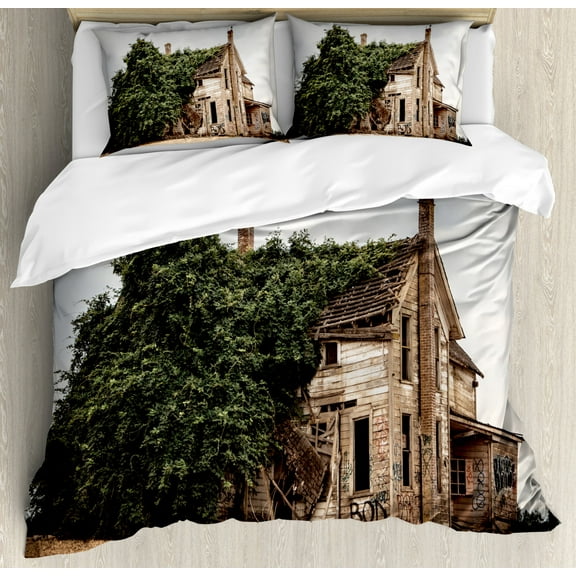 Rustic Home Decor Queen Size Duvet Cover Set, Ancient Historical House with Overgrown Oregon Ivy on Roof Field Image, Decorative 3 Piece Bedding Set with 2 Pillow Shams, Beige Green, by Ambesonne