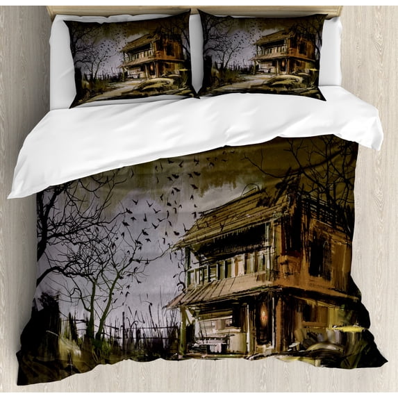 Rustic Home Decor Queen Size Duvet Cover Set, Old Haunted Abandoned Wood House at Dark Night with Bats Scary Horror Paint, Decorative 3 Piece Bedding Set with 2 Pillow Shams, Multi, by Ambesonne