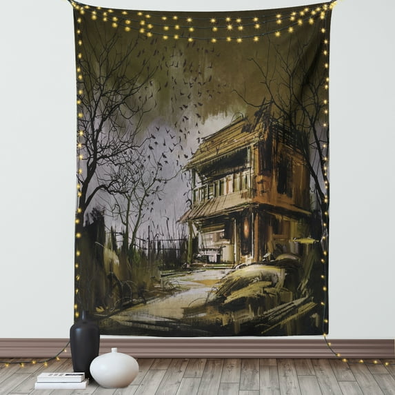 Rustic Home Decor Tapestry, Old Haunted Abandoned Wood House at Dark Night with Bats Scary Horror Paint, Wall Hanging for Bedroom Living Room Dorm Decor, 40W X 60L Inches, Multi, by Ambesonne