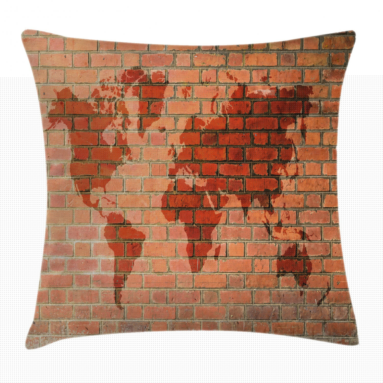 Rustic Home Decor Throw Pillow Cushion Cover, Brick Wall with World Atlas Map Reflection Pattern Contemporary Artful Scene, Decorative Square Accent Pillow Case, 20 X 20 Inches, Orange, by Ambesonne