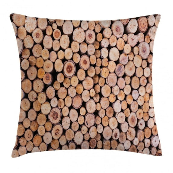 Rustic Home Decor Throw Pillow Cushion Cover, Mass of Wood Log Forest Tree Industry Group of Cut Lumber Circle Stack Image, Decorative Square Accent Pillow Case, 16 X 16 Inches, Cream, by Ambesonne