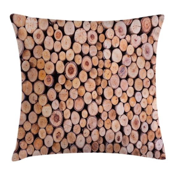 Rustic Home Decor Throw Pillow Cushion Cover, Mass of Wood Log Forest Tree Industry Group of Cut Lumber Circle Stack Image, Decorative Square Accent Pillow Case, 18 X 18 Inches, Cream, by Ambesonne