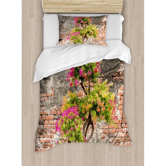 Rustic Home Decor Twin Size Duvet Cover Set, Fresh Little Tree with Fuchsia Flowers in front of Cracked Wall Hope Theme, Decorative 2 Piece Bedding Set with 1 Pillow Sham, Multi, by Ambesonne