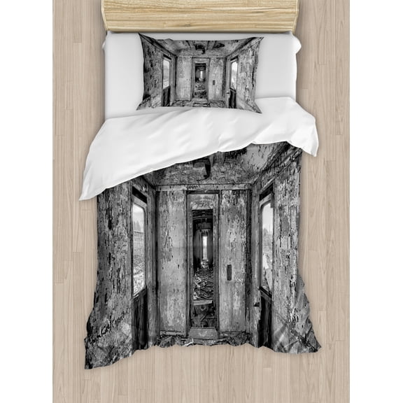 Rustic Home Decor Twin Size Duvet Cover Set, Interior of an Antique Aged Railway Wagon Burnt Destruction Picture, Decorative 2 Piece Bedding Set with 1 Pillow Sham, Black and White, by Ambesonne