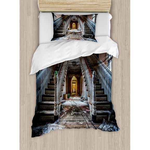 Rustic Home Decor Twin Size Duvet Cover Set, Main Entrance Hallway of Ravaged Opera House with Symmetric Stairs Photo, Decorative 2 Piece Bedding Set with 1 Pillow Sham, Brown Beige, by Ambesonne