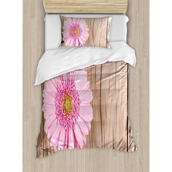 Rustic Home Decor Twin Size Duvet Cover Set, One Large Gerbera Daisy on Oak Back Dramatic South American Exotic Photo, Decorative 2 Piece Bedding Set with 1 Pillow Sham, Pink Brown, by Ambesonne