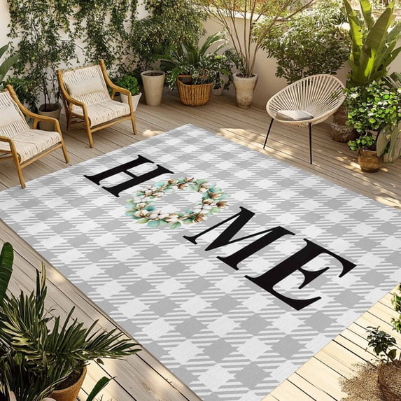 Rustic Home Outdoor Rug for Patio/Deck/Porch, Non-Slip Large Area Rug 3 x 5 Ft, Eucalyptus Leaves Farmhouse Wreath Plaid Indoor Outdoor Rugs Washable Area Rugs, Reversible Camping Rug Carpet Runner