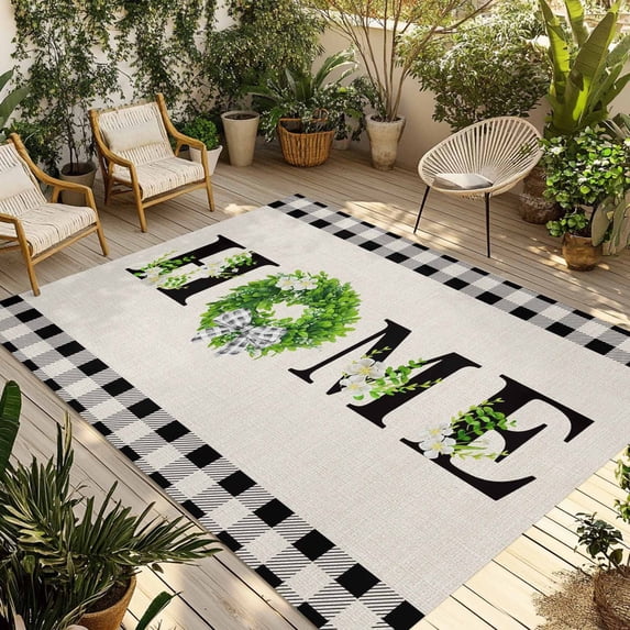 Rustic Home Outdoor Rug for Patio/Deck/Porch, Non-Slip Large Area Rug 4 x 6 Ft, Eucalyptus Leaves Floral Beige Buffalo Plaid Indoor Outdoor Rugs Washable Area Rugs, Camping Rug Carpet Runner