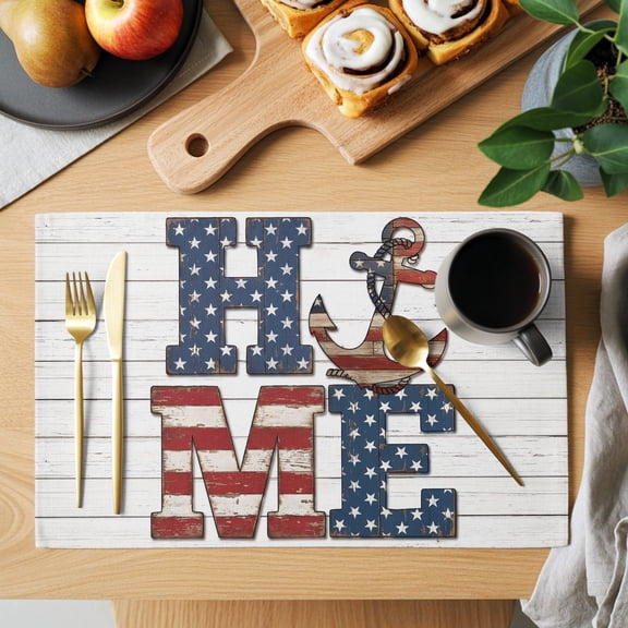 Rustic Home Placemats Set of 1, Anchor Stars Stripes Wood Grain USA Flag Non-Slip Place Mats Washable Table Mats for Kitchen Dining Table Decorations Indoor/Outdoor