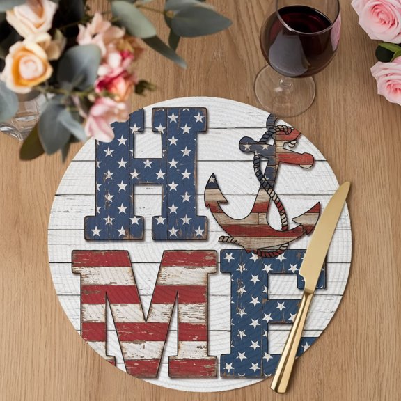 Rustic Home Round Braided Placemats Set of 2, Anchor Stars Stripes Wood Grain USA Flag Heat Insulation Place Mats Washable Non-Slip Table Mats for Kitchen Dining Party, 13 Inches