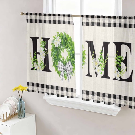 Rustic Home Sheer Curtains 54 Inch Length 2 Panels for Living Room, Eucalyptus Leaves Floral Beige Buffalo Plaid Voile Kitchen Curtain Set, Luxury Privacy Drapes Window Treatment for Bedroom