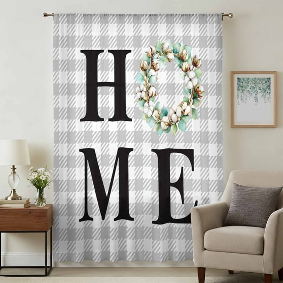 Rustic Home Sheer Curtains 84 Inches Long, Eucalyptus Leaves Farmhouse Wreath Plaid Light Filering Curtains, Breathable Simi Curtain Privacy Drapes for Living Room Bedroom Window Treatment