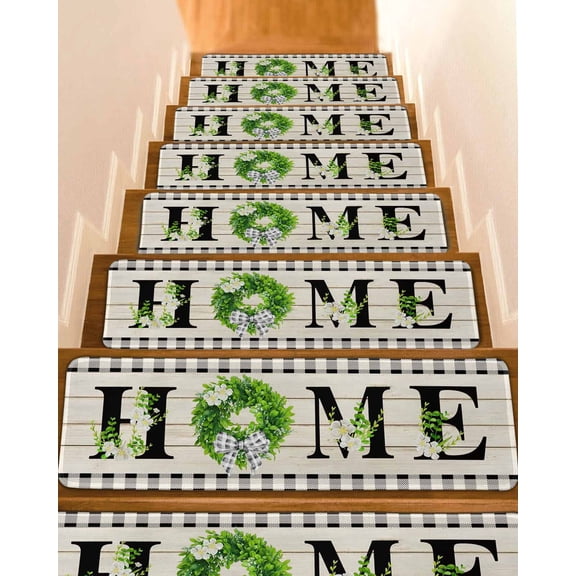 Rustic Home Stair Treads for Wooden Steps Indoor Runner Rug Carpet,Eucalyptus Leaves Floral Wooden Buffalo Plaid 15 Pieces Peel and Stick Staircase Step Treads Covers Washable Throw Door Mats,30"x8"