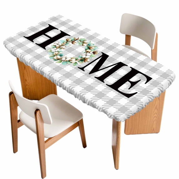 Rustic Home Table Cloths for 4 Foot Rectangle Tables, Eucalyptus Leaves Farmhouse Wreath Plaid Patio Waterproof Elastic Fitted Tablecloths, Washable Rectangular Table Cover for Camping