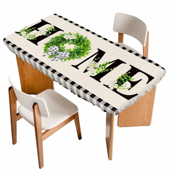 Rustic Home Table Cloths for 6 Foot Rectangle Tables, Eucalyptus Leaves Floral Beige Buffalo Plaid Patio Waterproof Elastic Fitted Tablecloths, Washable Rectangular Table Cover for Camping