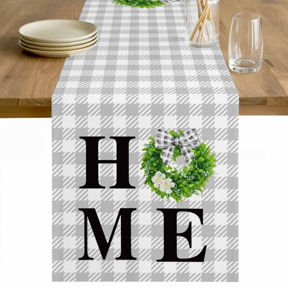 Rustic Home Table Runner 48 Inches Long Farmhouse Dress Scarves, Green Eucalyptus Leaves Wreath Wooden Plaid Dining Tablerunner for Coffee Table/Kitchen Island/Party Décor, 13" x 48"