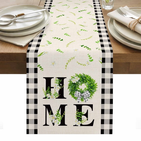 Rustic Home Table Runner - 60 Inch Long, Kitchen Dining Table Runner Dresser Scarves, Eucalyptus Leaves Floral Beige Buffalo Plaid Farmhouse Decor for Coffee Tables Wedding Party Banquet
