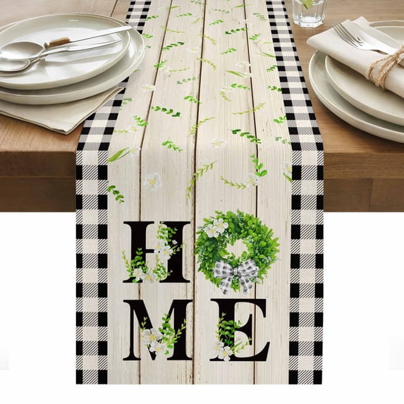 Rustic Home Table Runner - 90 Inch Long, Kitchen Dining Table Runner Dresser Scarves, Eucalyptus Leaves Floral Wooden Buffalo Plaid Farmhouse Decor for Coffee Tables Wedding Party Banquet