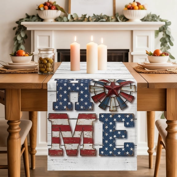 Rustic Home Table Runner, Windmill Stars Stripes Wood Grain USA Flag Washable Cotton-linen Table Runners Dining Kitchen Decoration for Everyday Home Wedding Party Decor, 13 x 108 Inch