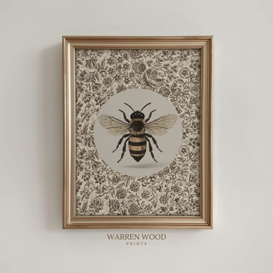 Rustic Bee Design Rustic Honey Bee Print, Vintage Floral Insect Art, Cream Brown Wall ...