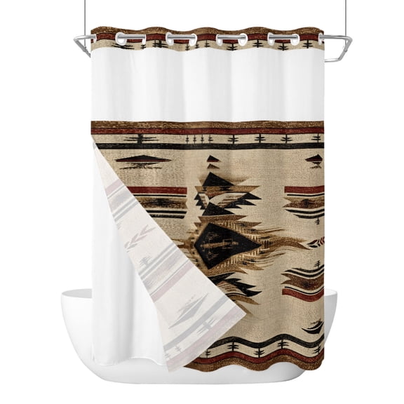 Rustic No Hook Shower Curtain with Snap in Liner, Native American Aztec Bohemian Southwestern Waterproof Shower Curtains with See Through Top Window Liner for Bathroom, 60x72 Inches