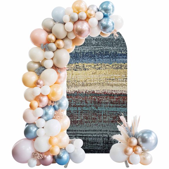 Rustic Horizontal Stripe Arch Backdrop Covers 5 FT, Distressed Blue Gold Rust Texture Stretchy Fitted Arched Stand Covers
