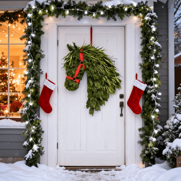 Rustic Horse Head Wreath, Handmade Equestrian Christmas Wreath, Pine Swag Front Door Wreath with Red Bow and Faux Greenery for Outdoor Decoration