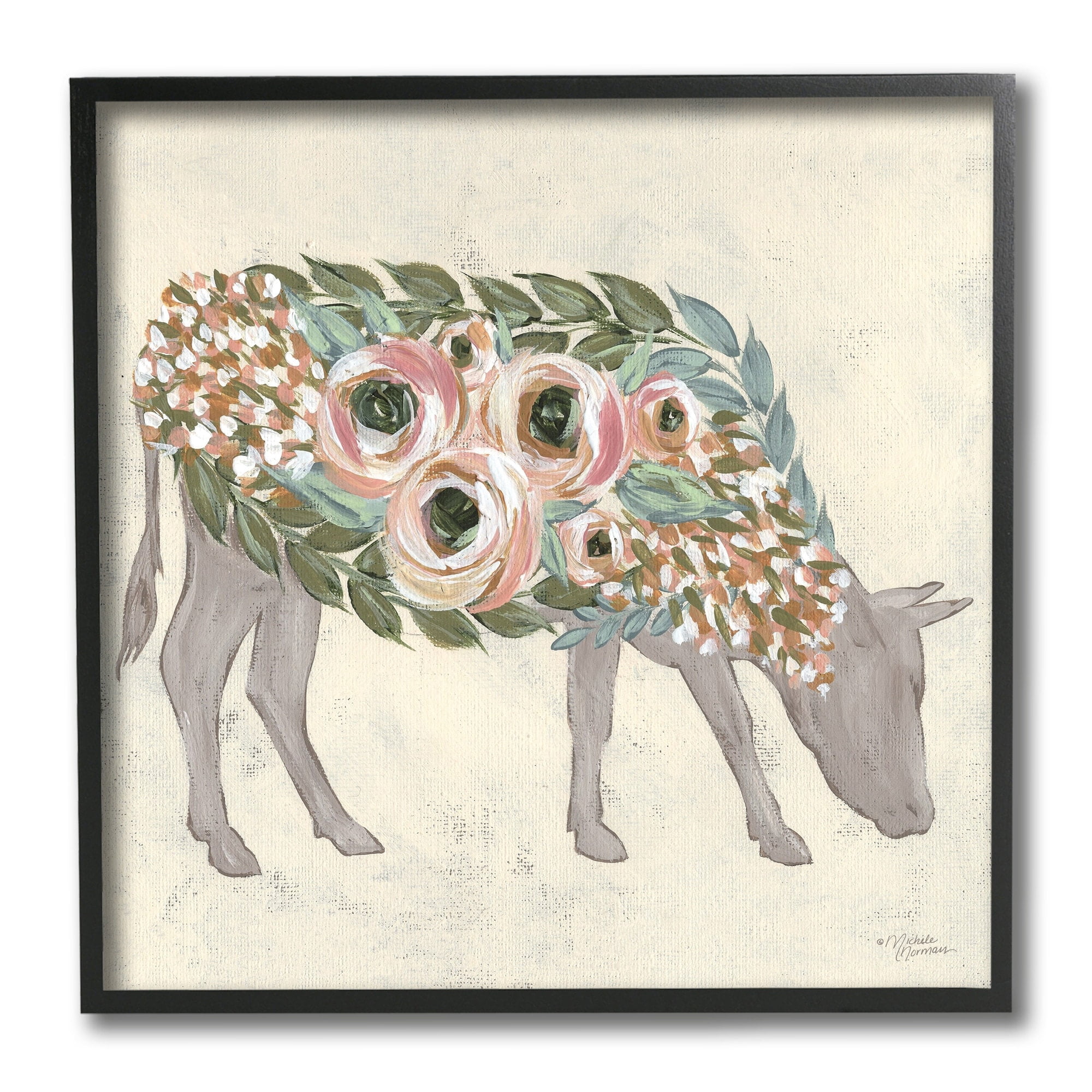Rustic Horse Pink Green Floral Body 12 in x 12 in Framed Painting Art Prints, by Stupell Home Décor