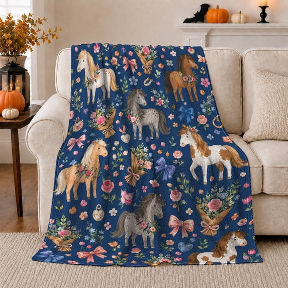 Rustic Horse Roses Wildflowers Navy Design, Playful Festive Scene, Warm Flannel Blanket for Living Room and Family Room, Animal Lovers Christmas Gift, Festive Home Decor