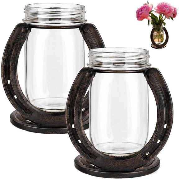 Rustic Horseshoe Flower Vase with Glass Bud Vases, Farmhouse Table Centerpiece Decor