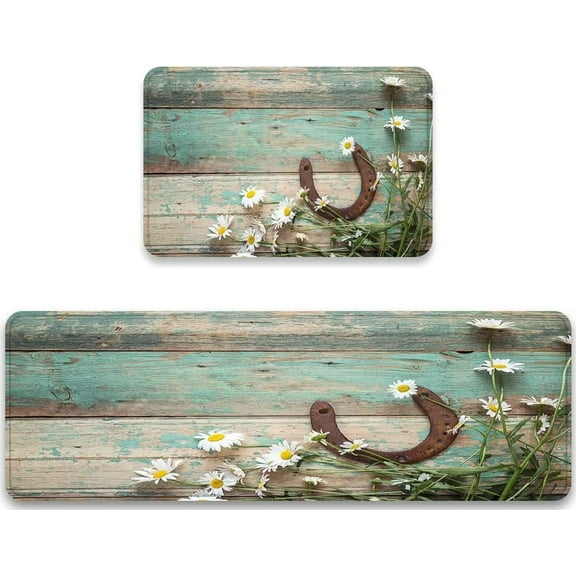 Rustic Horseshoe Kitchen Mat Set of 2 White Daisy Flower Kitchen Rugs and Mats Non Skid Washable Western Country Teal Wooden Barn Retro Cushioned Comfort Standing Mat for Floor,Sink,Laundry,Bathroom