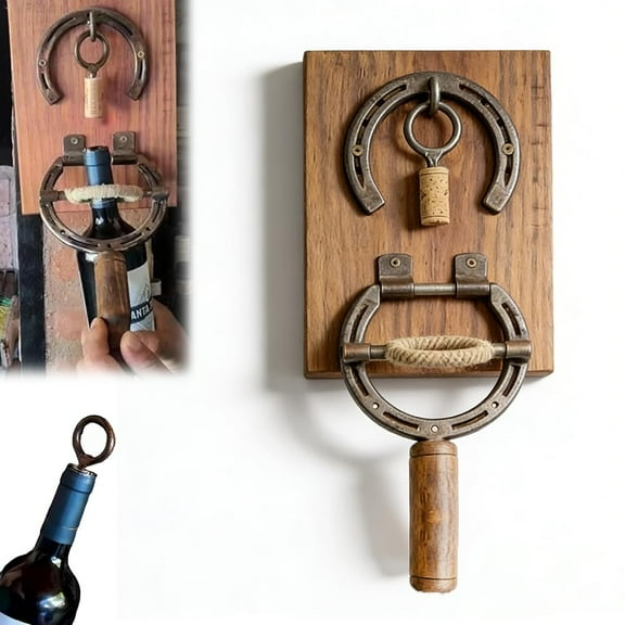 Rustic Horseshoe Wine Opener Corkscrew Wall Mounted, Vintage Industrial Decor Wine Bottle Opener & Unique Gift for Kitchen Bar Wall Decor Wine Lovers(1PC)
