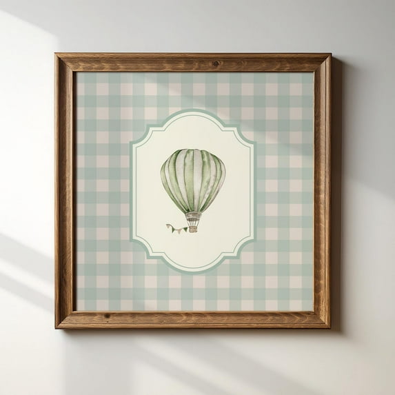 Rustic Hot Air Balloon, Square Blue Gingham Illustration Print, Art Print, Trendy Decor, Vintage Nursery Wall Art, Modern Wall Decor, 16x16 UNFRAMED