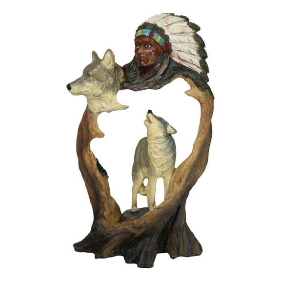 Rustic Howling Wolves And Indian Chief In Headdress Forest Scene Cutout Figurine