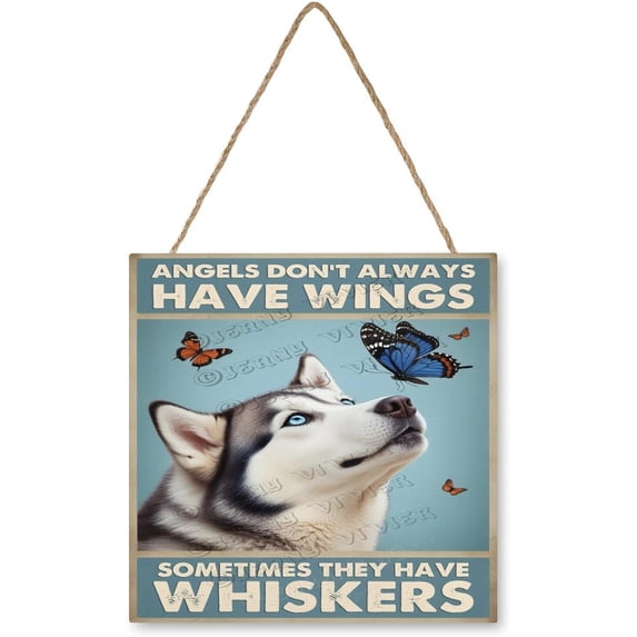 Rustic Husky Dog Wooden Sign 12x12 – Cute Dog with Butterfly Wall Décor for Nursery, Playroom, Cabin, Gift for Animal Lovers