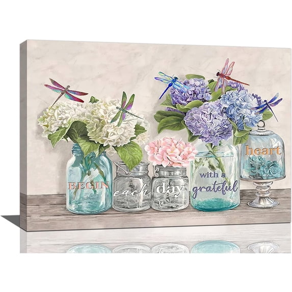 Rustic Hydrangea Bathroom Wall Art Farmhouse Flower Dragonfly Bathroom Pictures Wall Decor Floral in Mason Vase Prints Painting Country Farm Framed Artwork for Bathroom Living Room Bedroom 16"x24"