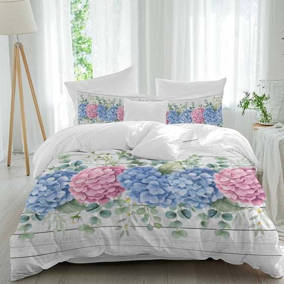 Rustic Hydrangea Eucalyptus Leaf King Size Bed Set,Spring Pink Blue Flower Wood Bedding for All Seasons,4 Pcs Bed Set with 1 Quiltcover (90"x106"),1 Sheet(94"x116"),2 Pillowcases (19"x35")