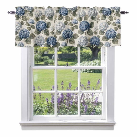 Rustic Hydrangea Valances for Windows, Blue White Bloom Floral Petal Leaf Retro Linen Valance Window Treatment Rod Pocket Short Curtains Valances for Kitchen Bathroom 42"W x 12"L